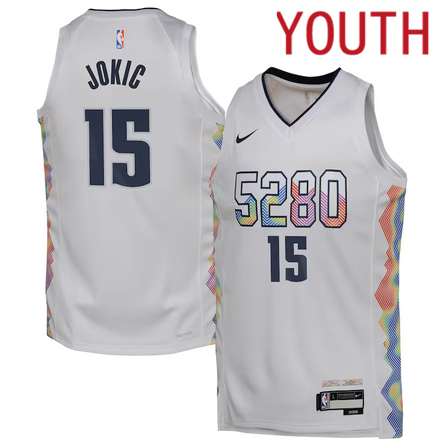 Youth Denver Nuggets 15 Nikola Jokic Nike White City Edition 2024-25 Swingman Player NBA Jersey